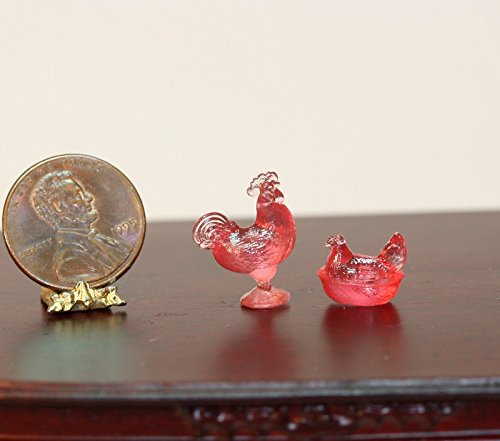Dollhouse Miniature Rooster and Nesting Hen Pink