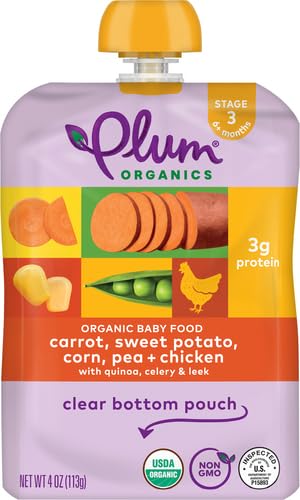 PLUM ORGANICS STAGE 3 ORGANIC BABY FOOD – CARROT, SWEET POTATO, CORN, PEA, AND CHICKEN – 4 OZ POUCH – ORGANIC BABY FOOD POUCH