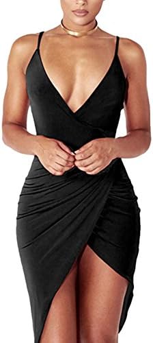 Luyic Women's Deep V Neck Bodycon Dress Spaghetti Strap Ruched Cross Wrap Front Irregular Mini Club Dress XL Black