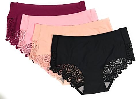 High-end Sexy Seamless Women Underpants Middle Waisted Lace Edge Cotton Crotch Briefs-Pack of 4