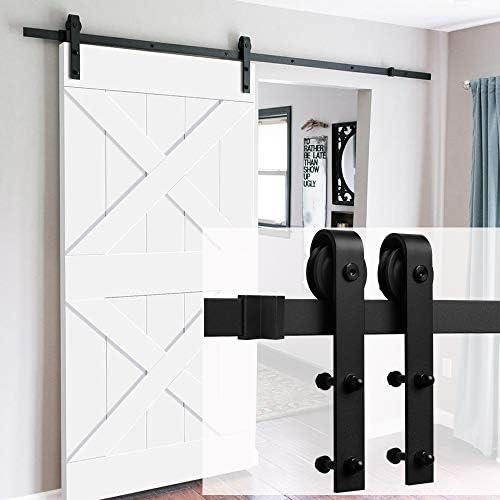 8ft Heavy Duty Sturdy Sliding Barn Door Hardware Kit - Smoothly and Quietly-Simple and Easy to Install-Includes Step by Step Installation Instruction-Fit 42"-48"Wide Door Panel (J Shape) (8FT)