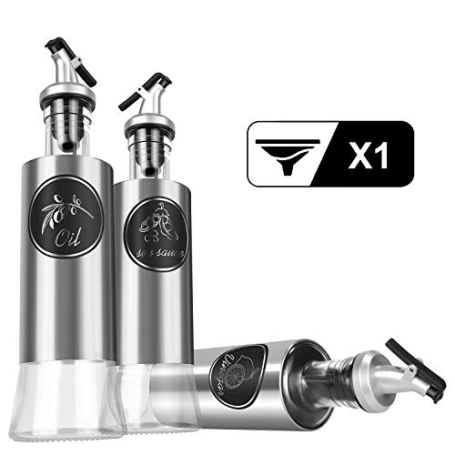 Neptonion Stainless Steel OliveOil set Bottle Glass Vinegar 11oz Sauce Cruet Pourer Dispensing, (Funnel included)(3 Packs) - Thumbnail 7