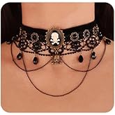 Chargances Punk Skull Necklace Gothic Black Lace Layered Chain Choker Halloween Rhinestone Beaded Collar Necklace 90s Cute Neck Jewelry for Women (Style 3)