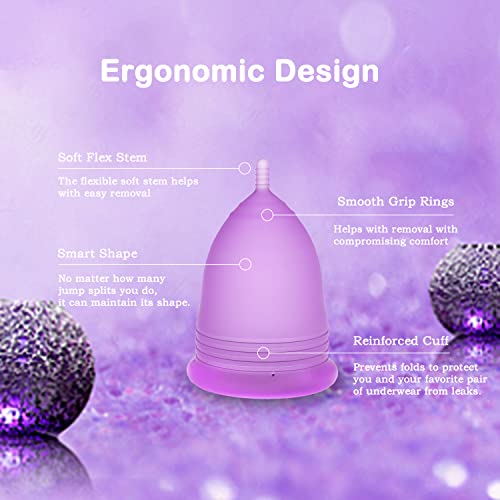 Menstrual Cup, Soft and Flexible Menstrual Cups Come with Foldable Sterilizing Cleaner Cup and Storage Bag, Reusable Premium Silicone Microwavable Friendly