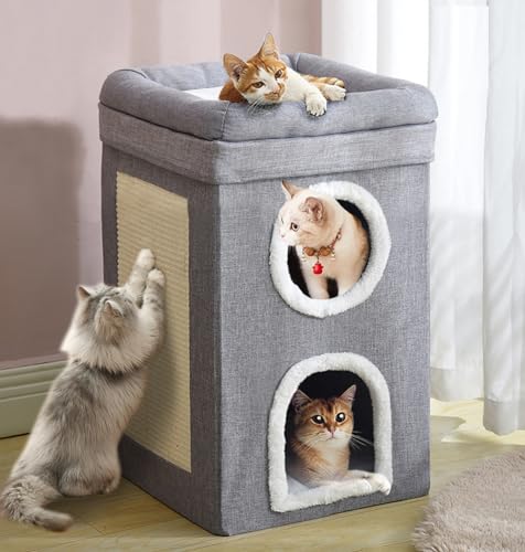 Nyganmelloz Foldable Cat House,2-Storey Indoor Large Cats Cave Kitten Beds Covered Bed Furniture Tree with Scratch Pad Hideaway Cave, Kitty Tunnel Sleeping Cute Modern Cat Condo Stool Play