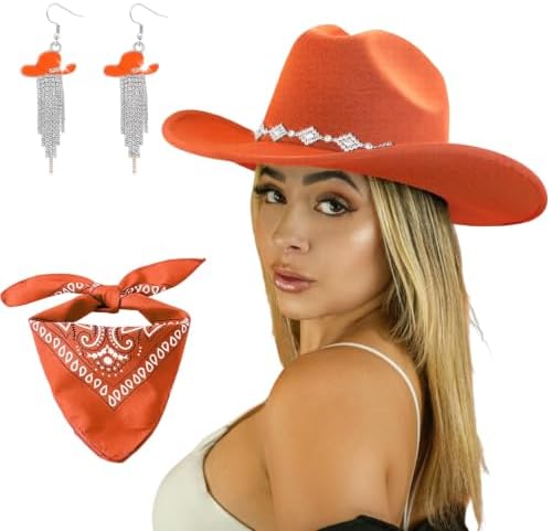 Cowboy Hat with Fringed Bandana Set for Women Wide Brim Western