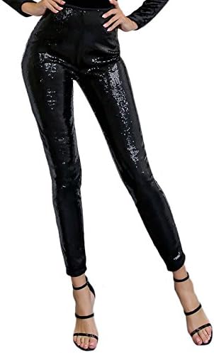 Yissang Women's All Sequined Sparkle Party Stretchy Leggings Bling Tights High Waist Pants Black X-Large