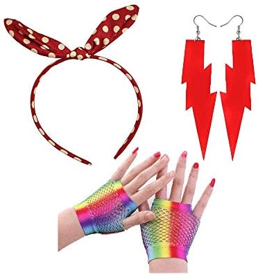 80's Lace Headband Neon Earrings Fingerless Fishnet Gloves for 80's Party,Halloween, St. Patrick's Day