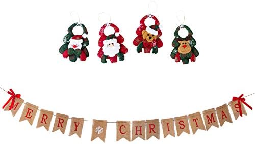 Korlon Merry Christmas Banner, Christmas Banner with Ribbon Bows for Fireplace, Wall, Tree, Come with 4 Pack Christmas Tree Ornaments Set, Snowman Santa Reindeer Ornaments