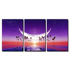 3 Piece Canvas Wall Art - Big Moon Over Purple Sunset at Tropical Sea with Stars - Modern Home Art Stretched and Framed Ready to Hang - 16"x24"x3 Panels