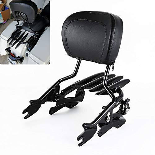 Detachable Gloss Black Triple Polished Passenger Sissy Bar W/Backrest Pad & Stealth Luggage Rack & 4 Point Docking Hardware Kit for Harley Davidson Touring Electra Glide Road Glide Road King Street G