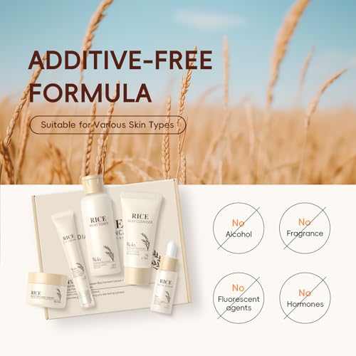 LAIKOU Rice Face Care, Pack of 5 Skin Care Women's Face Set, Travel Size Skincare with Facial Cleanser, Rice Toner, Eye Cream, Serum Moisturising Cream, for Daily Moisture & Care