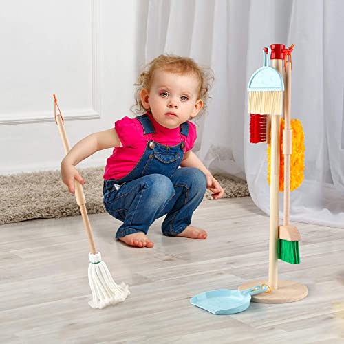 AM ANNA Cleaning Toy Set , 7 Piece Kids Broom Tools-Broom, Mop, Duster, Brush, Dustpan and Hanging Stand Housekeeping Kit, for Toddlers Toddler Kids, Pieces Blue