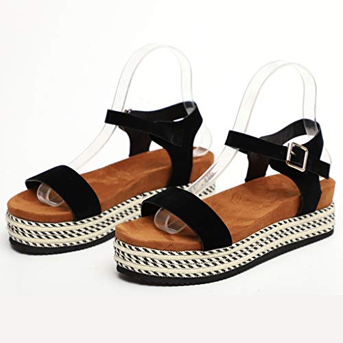 BEAUTYVAN Women's Platform Sandals Espadrille Wedge Ankle Strap Studded Peep Toe Sandals Black - Thumbnail 3