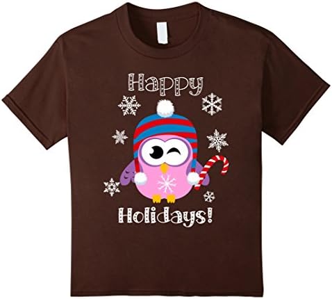 Kids Cute Christmas Shirt Happy Holidays Snowflakes Owl Candycane 6 Brown