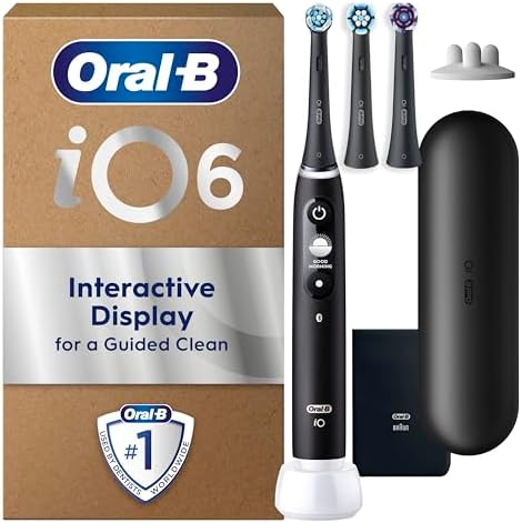 Oral-B iO6 Electric Toothbrushes For Adults, 3 Toothbrush Heads, Travel Case & Toothbrush Head Holder, 5 Modes With Teeth Whitening, 2 Pin UK Plug, Black