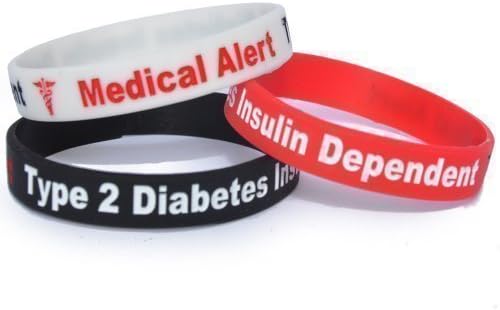TYPE 2 DIABETES WRISTBAND (3 PACK - 1 x BLACK / 1 X RED / 1 X WHITE) MEDICAL ALERT – THREE TONE BRACELET – 100% Silicone id card Emergency diabetic identity rubber Insulin Dependent permanent ink Debossed bands