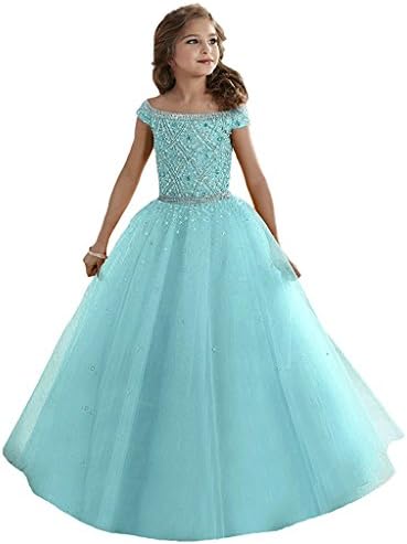 Girls Off-shoulder Beading Pageant Dresses Floor Length Ball Gowns 16 US Baby Blue