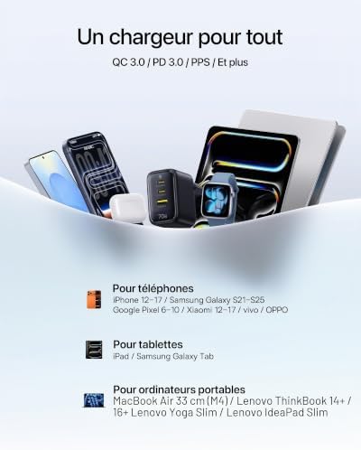 Enerfill Chargeur USB C 70W, Chargeur Rapide GaN6 à 3 Ports, Chargeur Compact pour MacBook Air, iPhone 17/16/15 Pro Max, iPad Pro, Galaxy S25/S24, Pixel, Ordinateur Portable et Plus