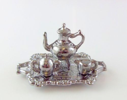 The Miniatures Co Dolls House Miniature 1:12 Dining Room Accessory Silver Tea Coffee Set And Tray