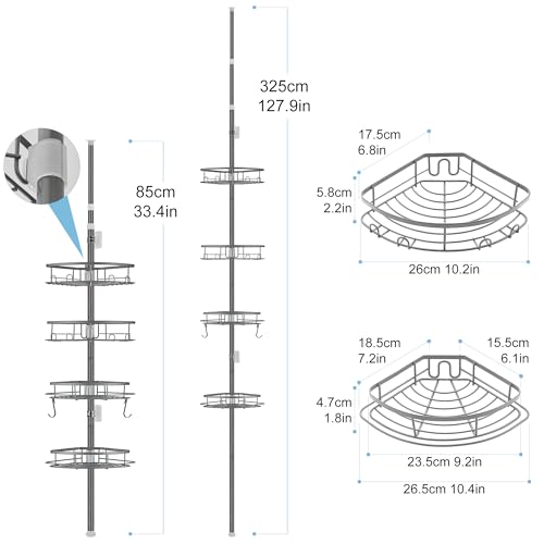 DUFU Telescopic Metal Shower Shelf with 4 Trays Adjustable Suitable for Ceilings from 85 to 325 cm Height for Organizing Bathtub or Bathroom Grey