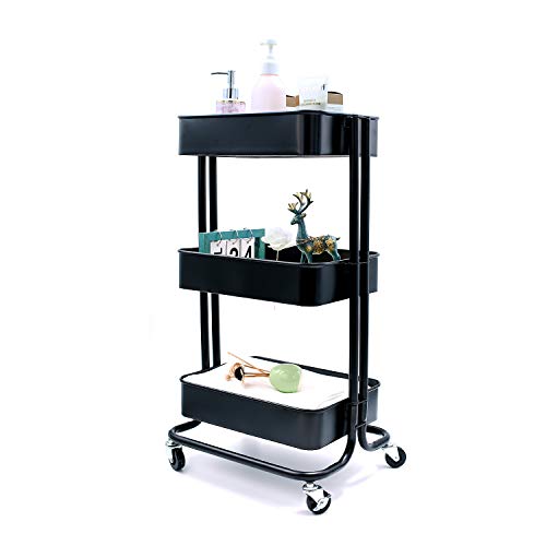 Iris'Home 3-Tier Metal Rolling Storage Cart Heavy Duty Utility Cart on Wheels for Bathroom, Kitchen, Office, Bedroom. Easy Assembly Storage Trolley Service Cart with Mesh Baskets - Black