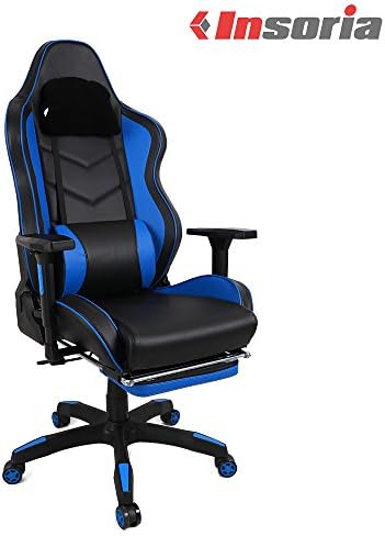 Insoria Swivel Gaming Chair Ergonomic Racing Style PU Leather Office Chair with Lumbar Massage Support and Retractable Footrest (Blue/Black)