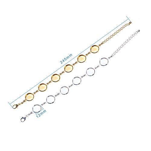 PH PandaHall 10 PCS Adjustable Brass Bracelet Chain, 12mm Round Blank Cabochon Base Adjustable Blank Bangle with 6 Pads Round Jewelry Disc Base Bezel Tray, Silver & Golden