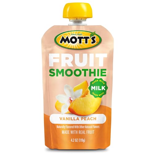 MOTT’S FRUIT SMOOTHIES VANILLA PEACH, 4.2 OZ CLEAR POUCHES, 4 PACK, MADE WITH MILK, MADE WITH REAL FRUIT, GOOD SOURCE OF CALCIUM, ON-THE-GO