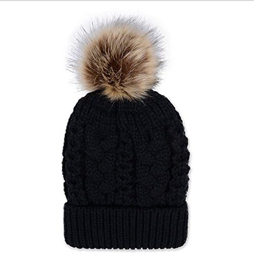 LITHE Womens Winter Knitted Hat Faux Raccoon Fur Balls Fleece Lined Beanie Winter Hat