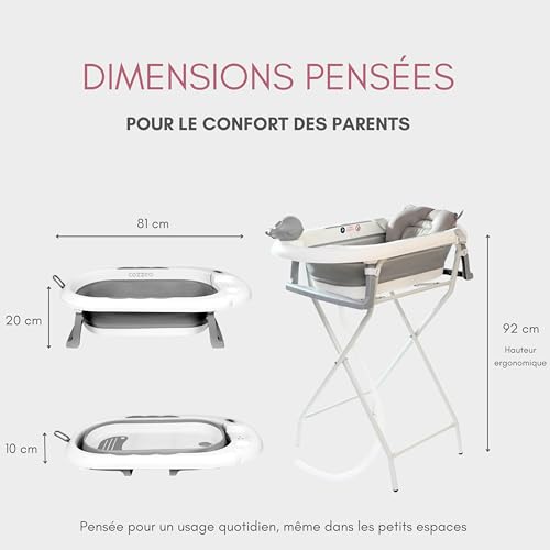 cozzeo Foldable Baby Bathtub with Baby Care Kit - Bath Toys and Rinse Cup - Foldable Bath Tub with Stable Stand - 9-in-1 Complete Bath Kit