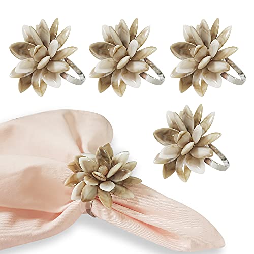 Napkin Rings Serviette Holder, Set of 4 Metal Napkin Ring, Holiday Table Decor for Valentine\'s Day, Wedding, Birthday Party, Thanksgiving Day, Christmas Day,Dining Table Decoration (Stone Flower)