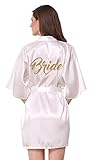 JOYTTON Women's Wedding Party White Satin Kimono Robe with Gold Glitter Bride