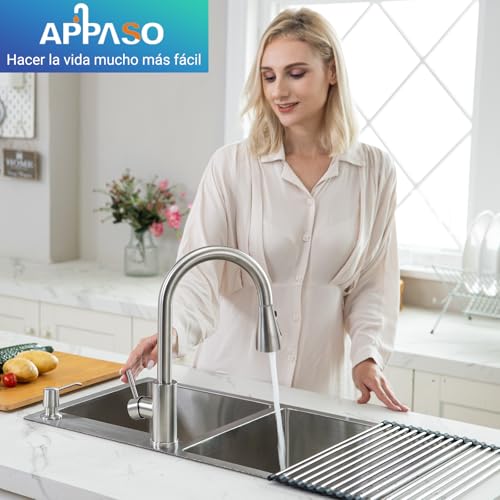 APPASO Grifo de Cocina, Níquel Cepillado de Acero Inoxidable SUS304 Mezclador para Fregadero, Grifos para Fregadero de Cocina de Alto Arco Llaves para Fregadero de Cocina con Placa de Cubierta
