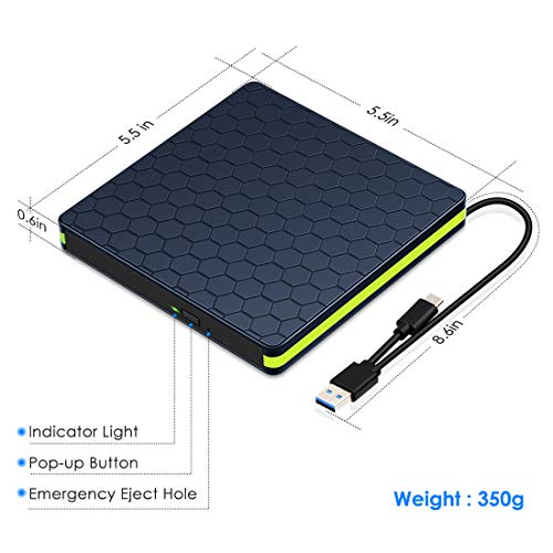 Kingbox External DVD Drive, USB 3.0 Type-C Portable CD/DVD /-RW Optical Drive Slim DVD/CD ROM Burner Writer High Speed Data Transfer Compatible with Laptop Desktop PC Windows Linux Apple Mac OS (Blue)