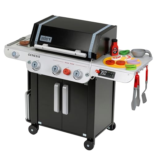Theo Klein 9445 Weber Grill Genesis aus Holz inklusive Einsätze für Steak, Pizza oder Gemüse Mit Food-Attrappen und Grillbesteck Spielzeug für Kinder ab 3 Jahren