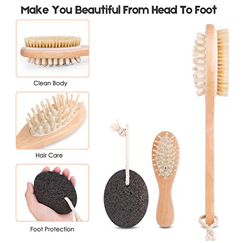 Dry Skin Body Brush Set Exfoliating Back Brush for Shower with 100% Natural Boar Bristle Brush & Hair Brush & Foot Pumice Stone, Wooden Round Bath Brush for Lymphatic Scrub, Detox , Cellulite Massage Brush Gift Set - Thumbnail 4