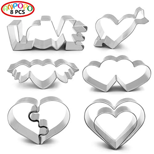 ANPOPO Wedding Cookie Cutter Set for Anniversary/Bridal/Engagement/Valentine - 8 Piece Different Heart Shape  - Double Hearts, Love, Puzzle Heart, Arrow heart, Wing Heart and 2 Hearts - Thumbnail 3