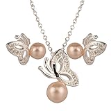 Hot Sale Wedding Fashion 925 Silver Plated Jewelry Set Stud Earings Eardrop Necklace Pink Pearl Butterfly