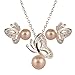 Hot Sale Wedding Fashion 925 Silver Plated Jewelry Set Stud Earings Eardrop Necklace Pink Pearl Butterfly