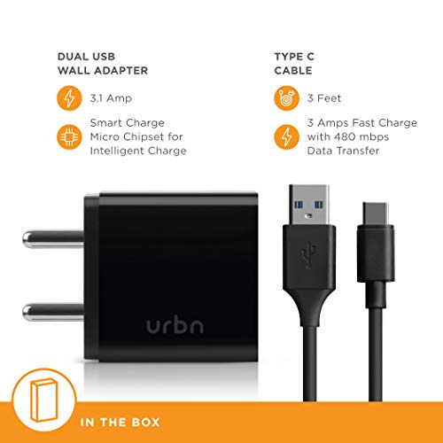URBN 3.1Amp Dual Port Smart Charge Wall Adapter with 3 feet Fast Charging Type-C Cable Included - (Black)