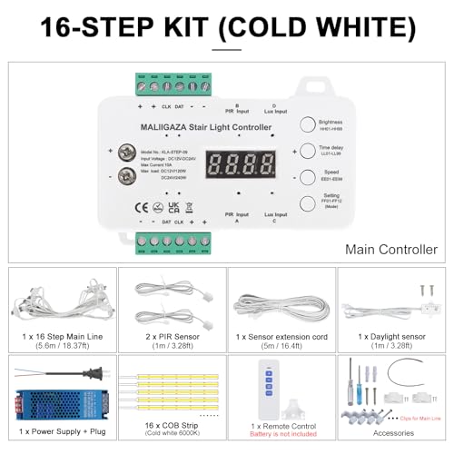 MALIIGAZA Smart Indoor Stair Lighting 16 Steps Cool White COB LED 6000K Cool White Progressive Lighting Modular System Secure Remote Control