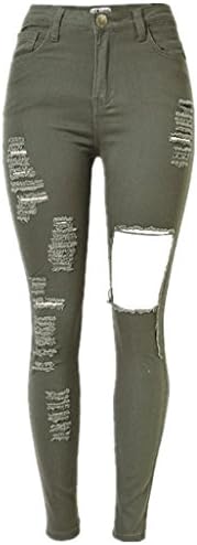 Season Show Women's High Waist Stretch Ripped Skinny Jeans Butt Lifting Jeans Army Green M