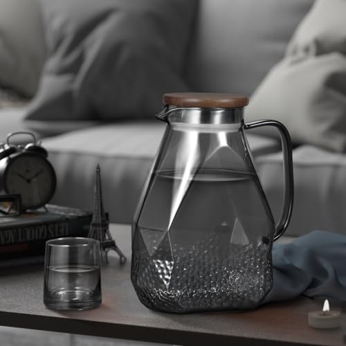 ecooe Glass Water Pitcher 1.8 Liter Glass Jug Fridge Door Glass Water Jug with Wooden Lid, Black Glass Jug for Cold/Hot Water, Juice, Milk, Coffee, Tea