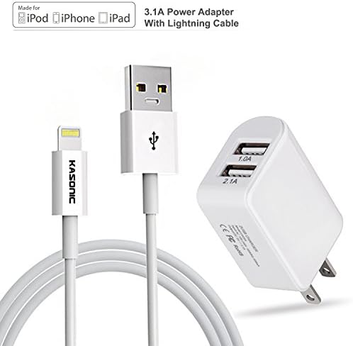 [Apple MFI Certified] Kasonic MFI Certified Lightning Cable + Universal Travel 15W 3.1A Portable Dual Ports Hub Wall Home Charging Power Adapter iPhone 7/6S/6/SE Plus, iPad Pro/Air 2/Mini 3 and More