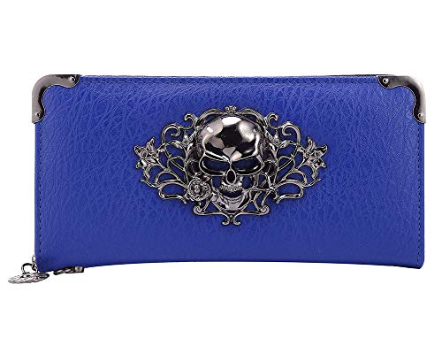 Womens Long Skull Purse,Leather Wallets with Zipper Pocket Credit Card Slots Clutch Bag Elegant,Blue