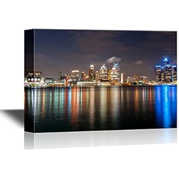 wall26 - USA City Skyline Canvas Wall Art - The Skyline of Detroit Michigan at Night Time - Gallery Wrap Modern Home Decor | Ready to Hang - 32x48 inches