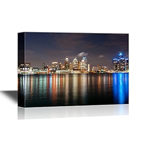 USA City Skyline Canvas Wall Art - The Skyline of Detroit Michigan at Night Time - Gallery Wrap Modern Home Art | Ready to Hang - 12x18 inches