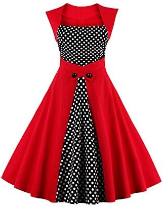 VogueBella Women Vintage Dresses Black Polka Dot Splicing 1950s Retro Rockabilly (M, Red)