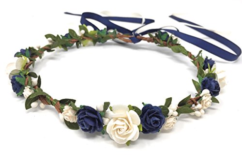 Daddasprincess Flower Girl Crown Wedding Boho Headpiece Headband Hair Wreath (Navy Blue)